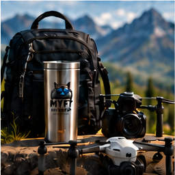 Backpack, tumbler, camera, and drone